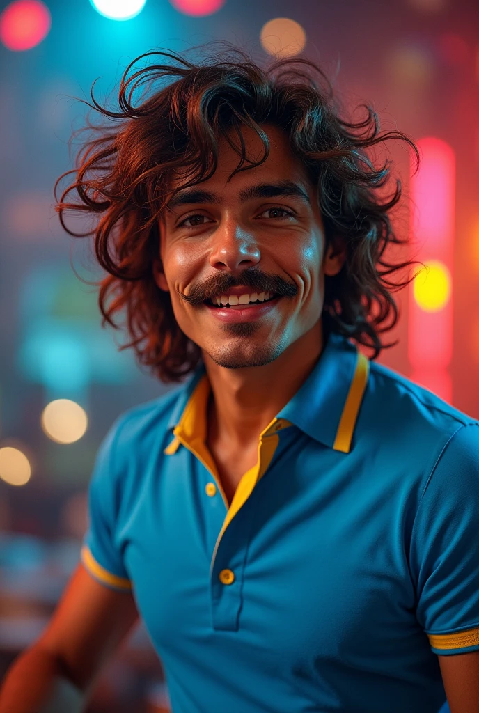 Make a funk artist, low hair similar to the hair of the cascão. thin moustache. he is wearing a blue polo shirt with a yellow collar.
