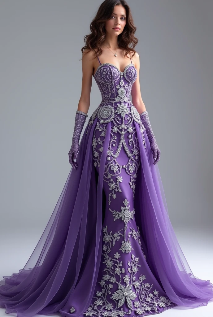 a long purple dress.with many details in it, open in front, with white crystal details and white flower designs, wearing purple gloves with silver flower root details, a brunette person with brown wavy hair wearing it from the front 
