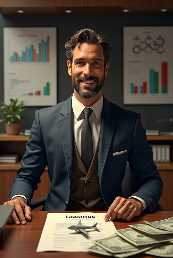 Lazarus in a modern and luxurious office, with several miniature aircraft and financial charts on the walls. He is dressed formally, with a confident look and an expression of success, perhaps with piles of cash and an expansion contract on the table