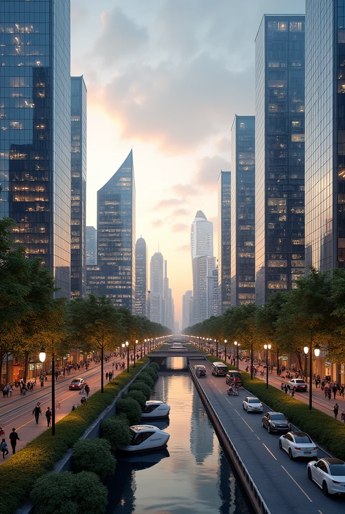 A beautiful and realistic modern cityscape at dusk, with sleek skyscrapers and high-tech architecture. The city is bathed in the soft glow of sunset, reflecting off the glass surfaces of the buildings. Streets are bustling with activity, featuring a mix of people, electric vehicles, and greenery integrated into the urban design. Pedestrian walkways are lined with trees and modern sculptures, while futuristic public transportation systems move smoothly through the scene. The skyline is dotted with unique and innovative building shapes, with a river running through the city, reflecting the lights from the surrounding buildings.