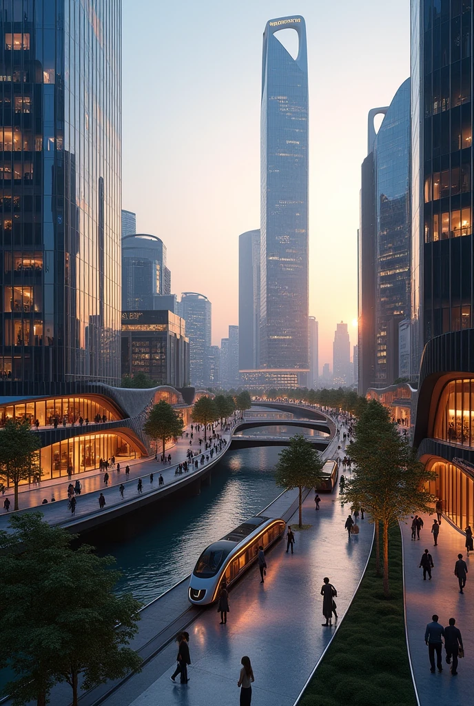 A beautiful and realistic modern cityscape at dusk, with sleek skyscrapers and high-tech architecture. The city is bathed in the soft glow of sunset, reflecting off the glass surfaces of the buildings. Streets are bustling with activity, featuring a mix of people, electric vehicles, and greenery integrated into the urban design. Pedestrian walkways are lined with trees and modern sculptures, while futuristic public transportation systems move smoothly through the scene. The skyline is dotted with unique and innovative building shapes, with a river running through the city, reflecting the lights from the surrounding buildings.