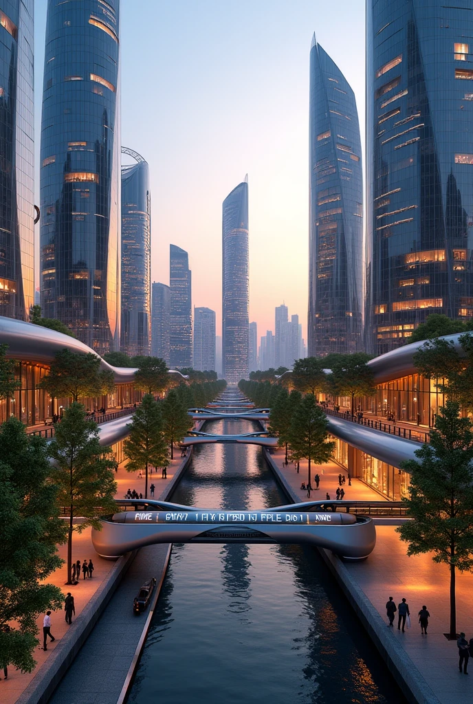 A beautiful and realistic modern cityscape at dusk, with sleek skyscrapers and high-tech architecture. The city is bathed in the soft glow of sunset, reflecting off the glass surfaces of the buildings. Streets are bustling with activity, featuring a mix of people, electric vehicles, and greenery integrated into the urban design. Pedestrian walkways are lined with trees and modern sculptures, while futuristic public transportation systems move smoothly through the scene. The skyline is dotted with unique and innovative building shapes, with a river running through the city, reflecting the lights from the surrounding buildings.