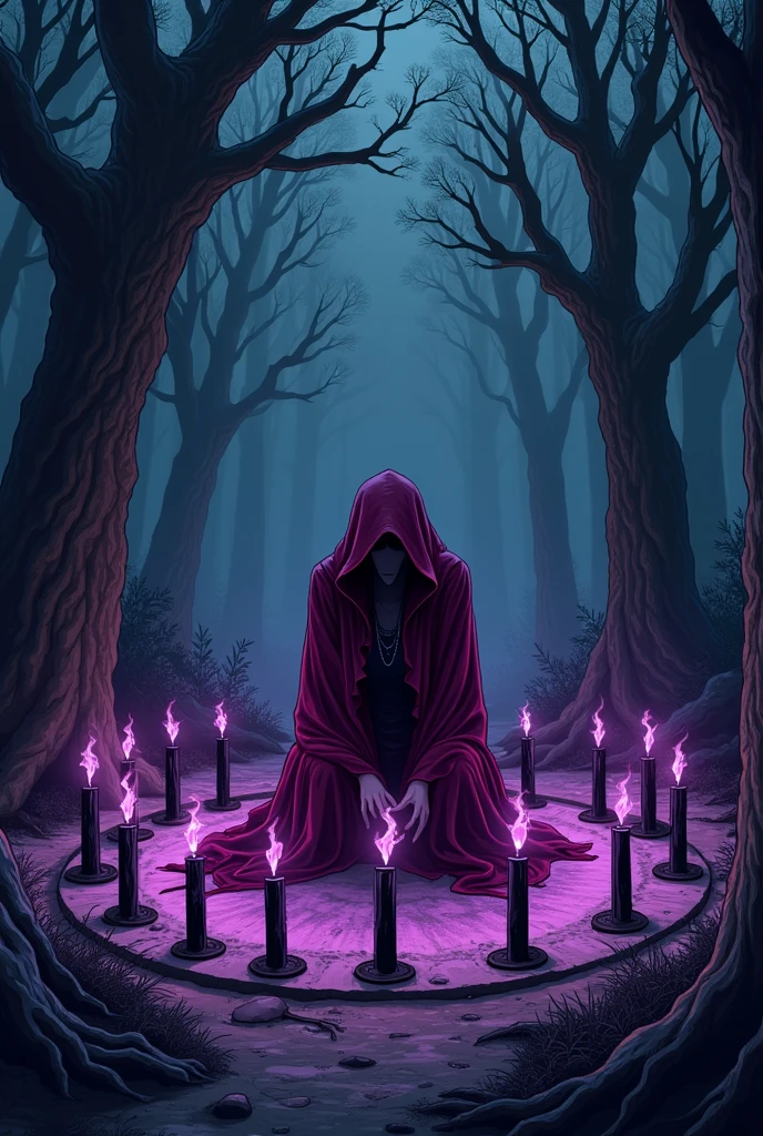 Create a lineart illustration Scene: Illustrate Hellen kneeling in the center of a circle of black candles with purple flames, wearing a red robe. She is hunched forward, her forehead touching the ground, as she mutters in Latin. Around her, the forest begins to wither and die, with trees and plants being consumed by the darkness emanating from the circle.