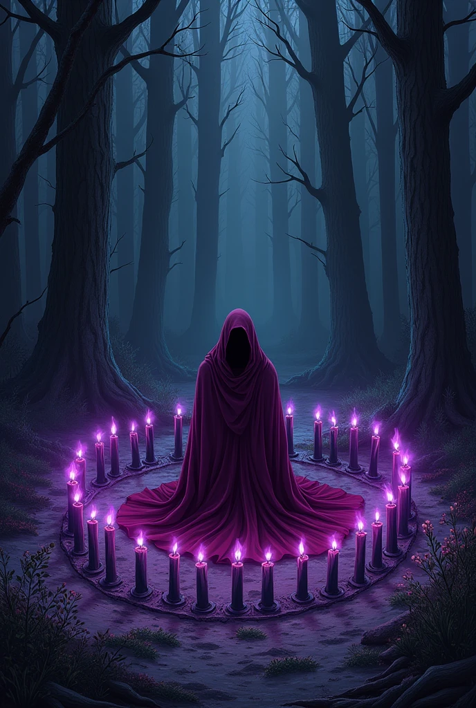 Create a lineart illustration Scene: Illustrate Hellen kneeling in the center of a circle of black candles with purple flames, wearing a red robe. She is hunched forward, her forehead touching the ground, as she mutters in Latin. Around her, the forest begins to wither and die, with trees and plants being consumed by the darkness emanating from the circle.
