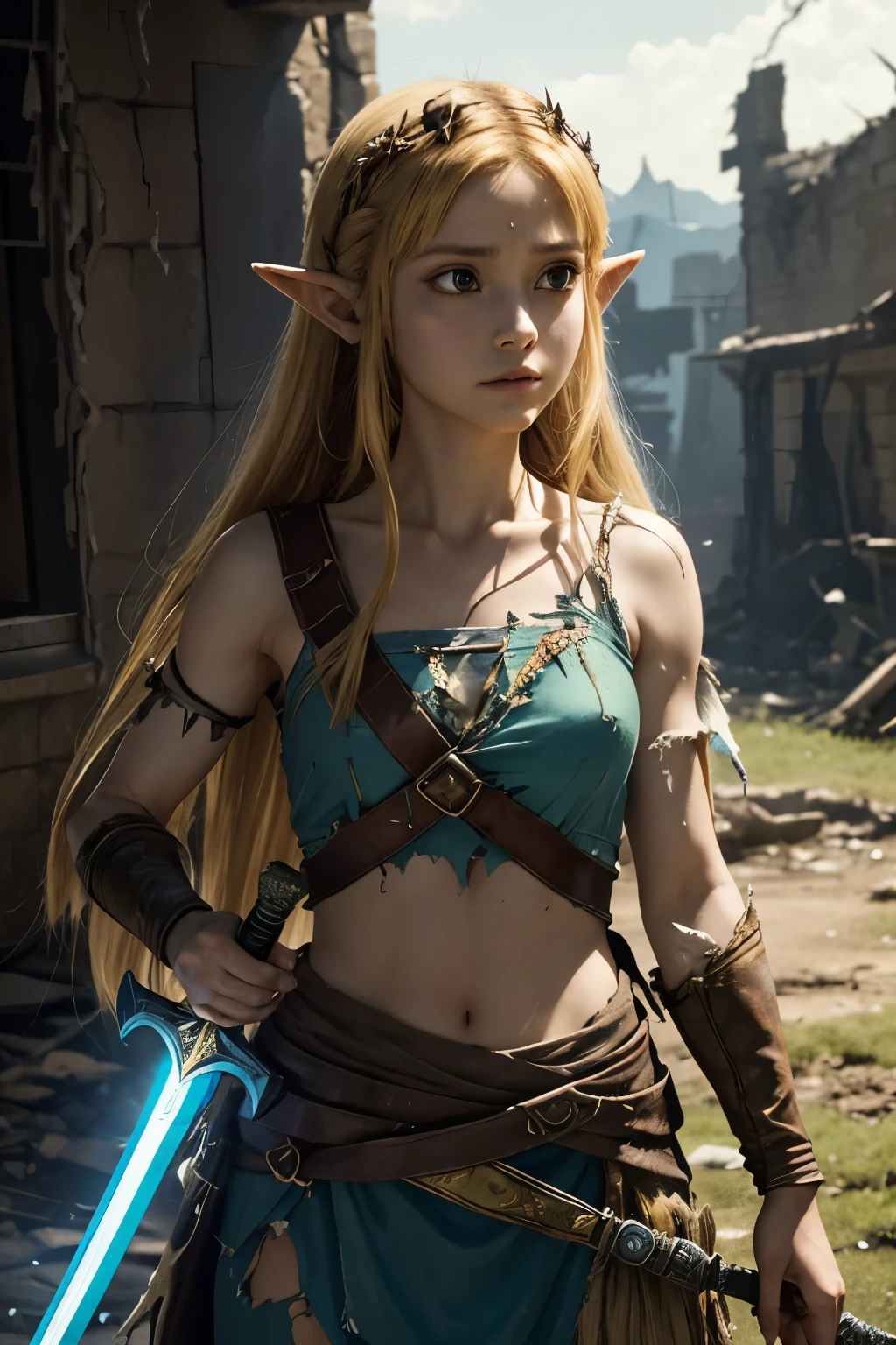 In a world ravaged by war, a battle-worn princess Zelda stands as a beacon of hope. Her torn and tattered clothing is a reminder of the sacrifices she has made, and her sword of light is a symbol of her unwavering courage