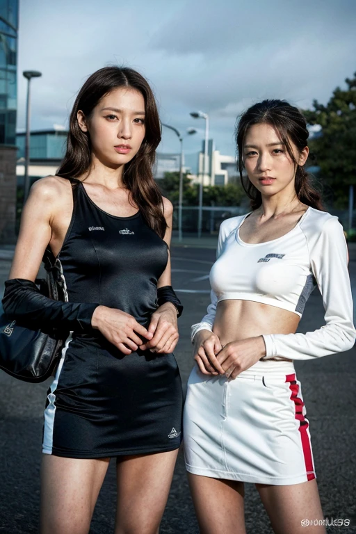 highest quality，ridiculous，Dramatic，2 Araf ladies in realistic style sportswear，2 female students，Very detailed details of the face，Real skin texture，HD Skin，Night view，Standing in the school square, Still image of 007, Pageant rendering, model, Luxury, Shoulders visible, Network mode, Still frame from movie - ar 16:9 