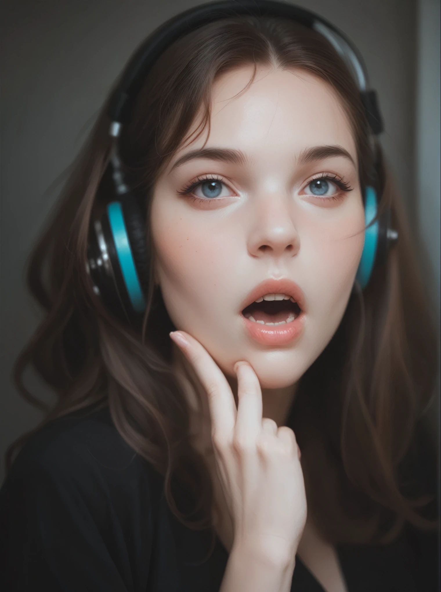 listening to headphones in a peaceful pink atmosphre, Open Mouth, Large breasts, 
