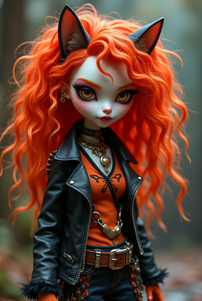 A red-haired, orange-colored Monster High doll with curly hair, white skin and cat-like features., brown eyes and punk style