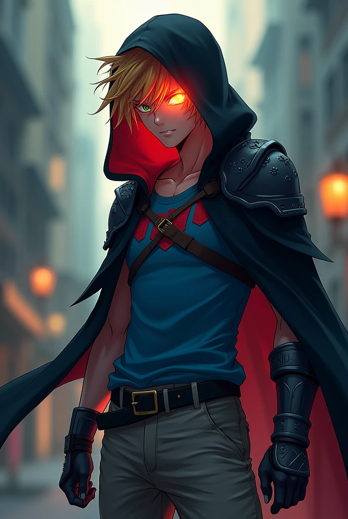 Link wearing a black hood blue shirt with pads and normal trousers his right eye is also glowing red and yellow anime style
