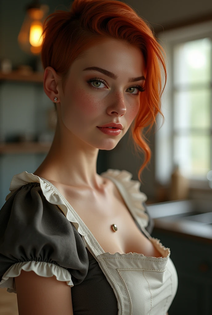 romantic style, masterpiece, best quality, 8k, artstation, sharp focus, ultrarealistic, high details, raw photo ofa portrait of a pole, undercut hair, maid, freckles, apron, amazing body, pronounced feminine feature, kitchen, closeup, (redhead:0.4),