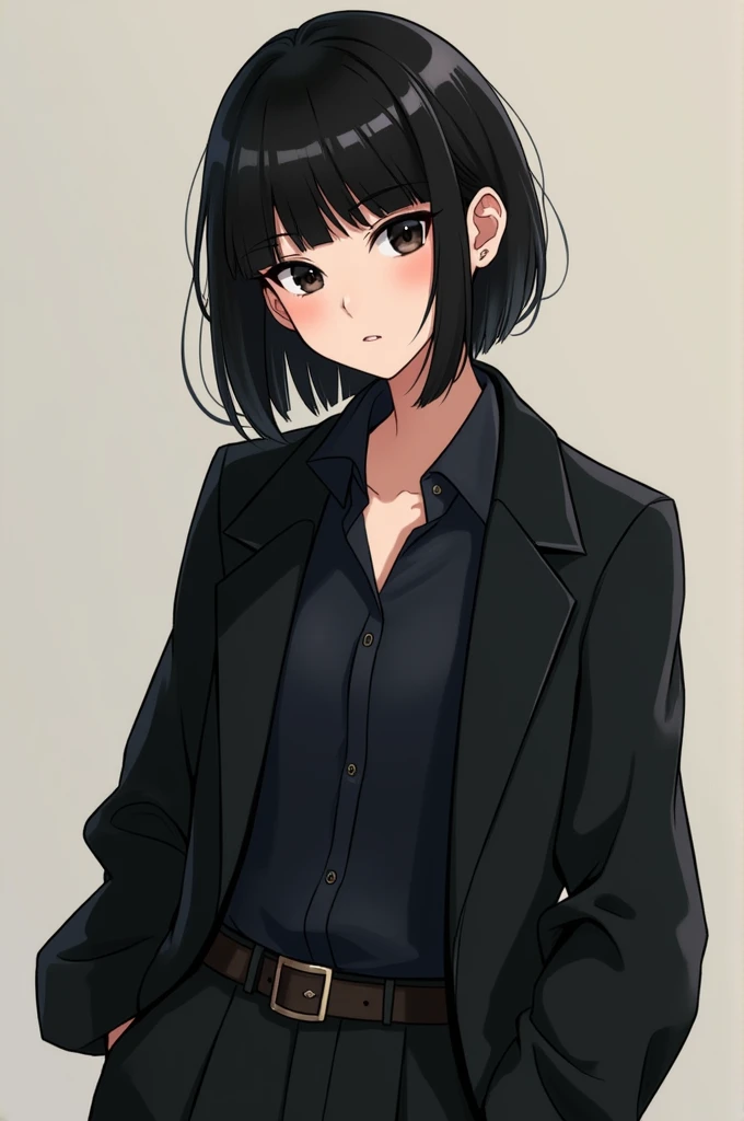 A cute tomboyish girl with straight short black hair and black eyes and highlighted cheekbones wearing a navy black shirt under a black long coat