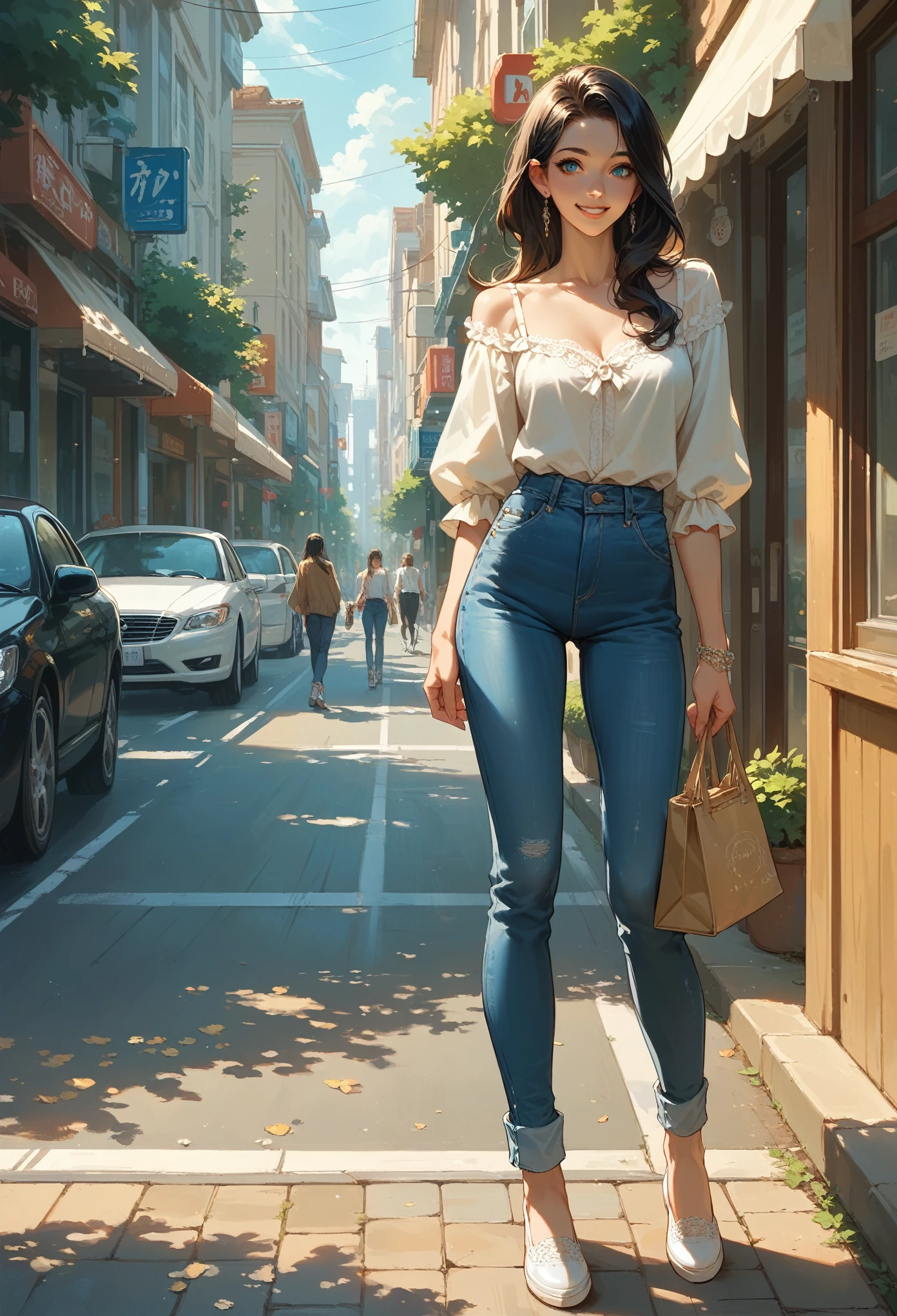 anime girl, Beautiful facial features, Beautiful make-up, long black hair, Blue eyes, smiling, sexy, good body,Dressed in a White Blouse with Small Jewelry, jeans, Shoes Amber, standing on the street, it&#39;s raining, промокла, bright colors, Clear drawing of details, umbrella, wind, Flying Leaflets, The lantern is burning, Light Falls on the Girl, dark, night, the stars are shining, bright stars, Milky Way, Clear Sky Picture, masterpiece, Full elaboration of details, Clear Picture of the Highest Quality