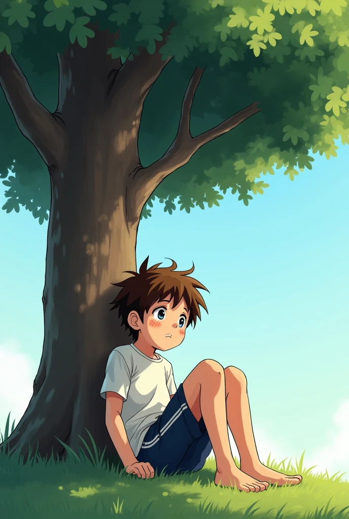 anime boy with brown hair sits under a tree. Beads of sweat are dripping from him because he was running in physical education class.