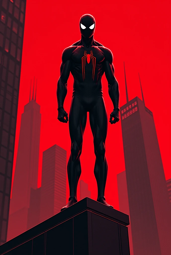 Spider Man in Black on Skyscraper Carved on Red Fone Retro comic style artwork, perfect composition,hyperrealistic,super detailed,high quality,sharp focus,studio photo,intricate details,highly detailed