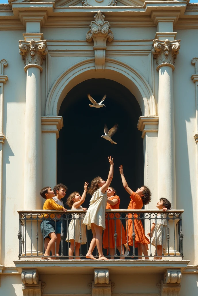 kids at balcony; pillars with vaulte arch; front view; with dress; caravaggio painting; white architecture; kids trying to get the birds at the top of guard