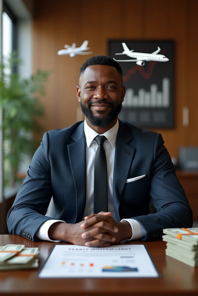 black man in a modern and luxurious office, with several miniature aircraft and financial charts on the walls. He is dressed formally, with a confident look and an expression of success, perhaps with piles of cash and an expansion contract on the table