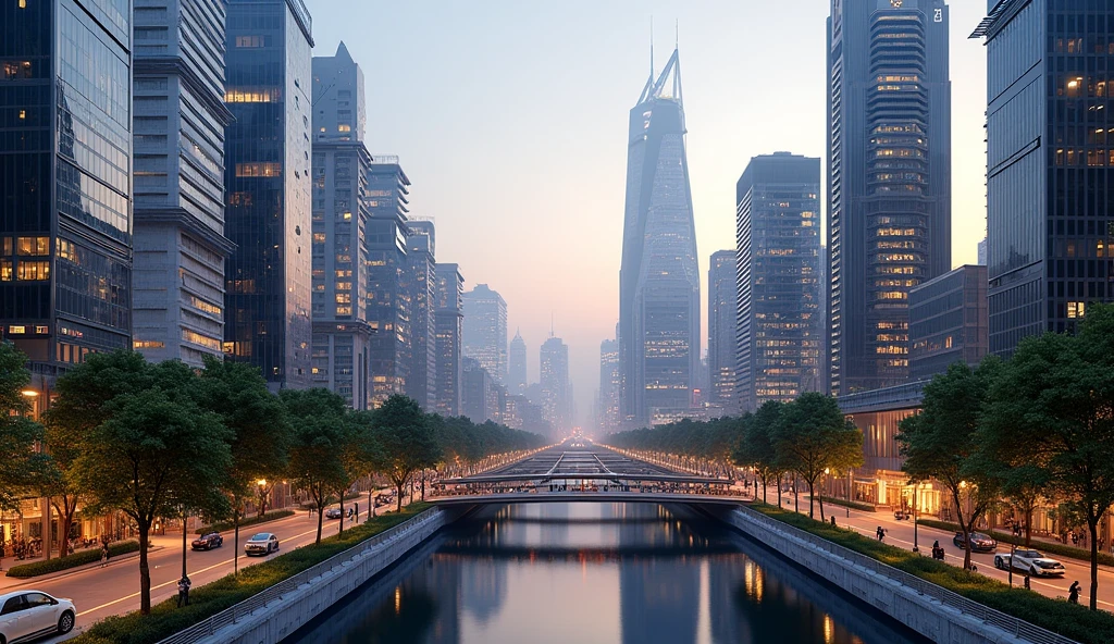 A beautiful and realistic modern cityscape at dusk, with sleek skyscrapers and high-tech architecture. The city is bathed in the soft glow of sunset, reflecting off the glass surfaces of the buildings. Streets are bustling with activity, featuring a mix of people, electric vehicles, and greenery integrated into the urban design. Pedestrian walkways are lined with trees and modern sculptures, while futuristic public transportation systems move smoothly through the scene. The skyline is dotted with unique and innovative building shapes, with a river running through the city, reflecting the lights from the surrounding buildings.