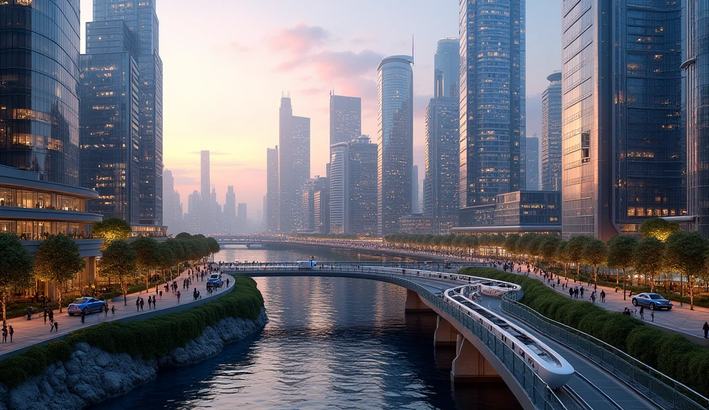 A beautiful and realistic modern cityscape at dusk, with sleek skyscrapers and high-tech architecture. The city is bathed in the soft glow of sunset, reflecting off the glass surfaces of the buildings. Streets are bustling with activity, featuring a mix of people, electric vehicles, and greenery integrated into the urban design. Pedestrian walkways are lined with trees and modern sculptures, while futuristic public transportation systems move smoothly through the scene. The skyline is dotted with unique and innovative building shapes, with a river running through the city, reflecting the lights from the surrounding buildings.