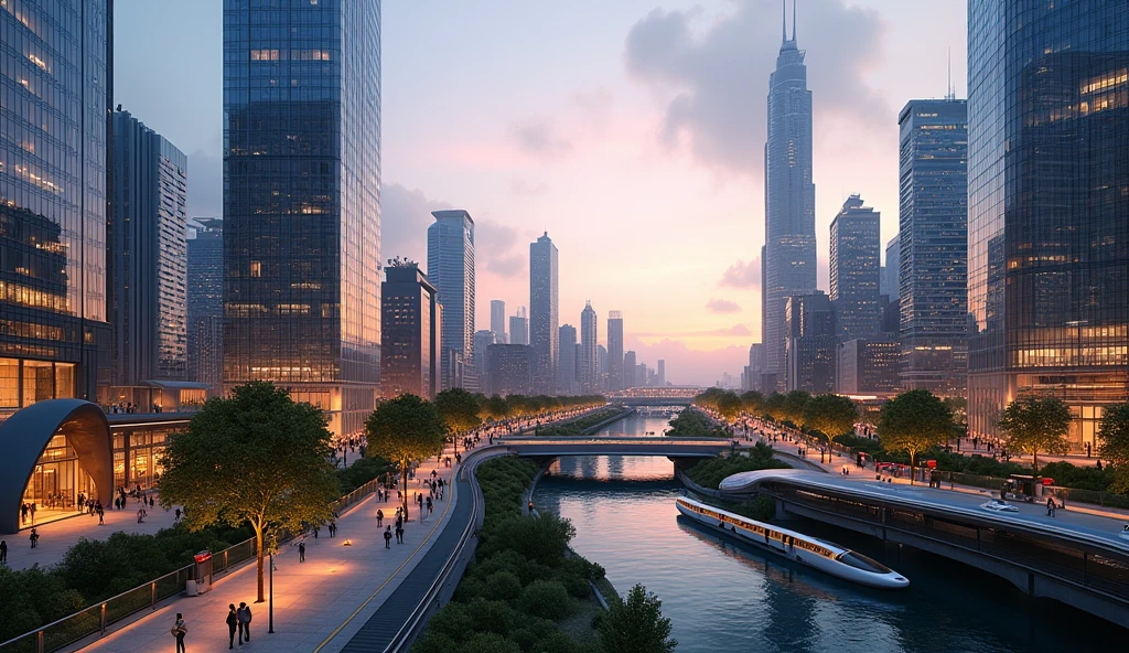 A beautiful and realistic modern cityscape at dusk, with sleek skyscrapers and high-tech architecture. The city is bathed in the soft glow of sunset, reflecting off the glass surfaces of the buildings. Streets are bustling with activity, featuring a mix of people, electric vehicles, and greenery integrated into the urban design. Pedestrian walkways are lined with trees and modern sculptures, while futuristic public transportation systems move smoothly through the scene. The skyline is dotted with unique and innovative building shapes, with a river running through the city, reflecting the lights from the surrounding buildings.
