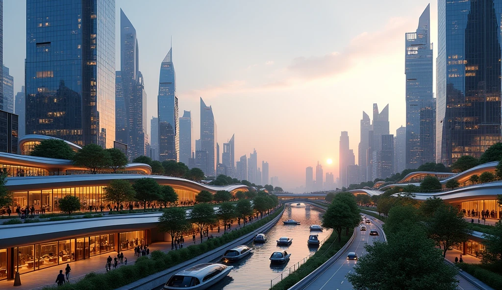 A beautiful and realistic modern cityscape at dusk, with sleek skyscrapers and high-tech architecture. The city is bathed in the soft glow of sunset, reflecting off the glass surfaces of the buildings. Streets are bustling with activity, featuring a mix of people, electric vehicles, and greenery integrated into the urban design. Pedestrian walkways are lined with trees and modern sculptures, while futuristic public transportation systems move smoothly through the scene. The skyline is dotted with unique and innovative building shapes, with a river running through the city, reflecting the lights from the surrounding buildings.