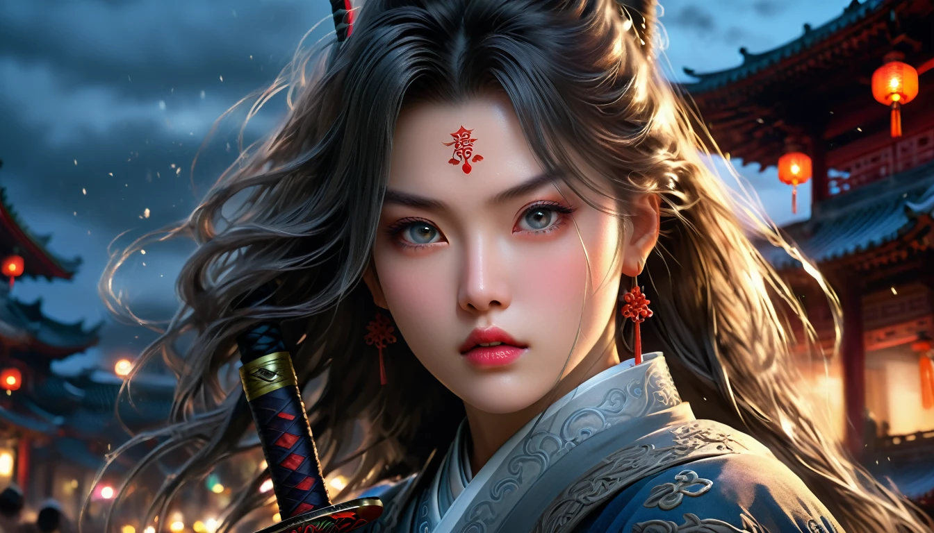 a beautiful woman in ancient china, 1 female, elder sister, royal sister, cold face, light pink lips, gray hitomi, assassin, long sword, fighting, street view, facial details, masterpiece, best, night, full moon, (best quality,4k,8k,highres,masterpiece:1.2),ultra-detailed,(realistic,photorealistic,photo-realistic:1.37),HDR,UHD,studio lighting,ultra-fine painting,sharp focus,physically-based rendering,extreme detail description,professional,vivid colors,bokeh,portraits,fantasy,dramatic lighting,moody,cinematic