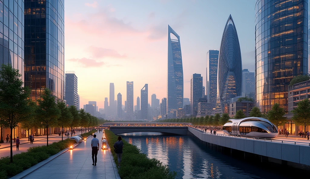 A beautiful and realistic modern cityscape at dusk, with sleek skyscrapers and high-tech architecture. The city is bathed in the soft glow of sunset, reflecting off the glass surfaces of the buildings. Streets are bustling with activity, featuring a mix of people, electric vehicles, and greenery integrated into the urban design. Pedestrian walkways are lined with trees and modern sculptures, while futuristic public transportation systems move smoothly through the scene. The skyline is dotted with unique and innovative building shapes, with a river running through the city, reflecting the lights from the surrounding buildings.