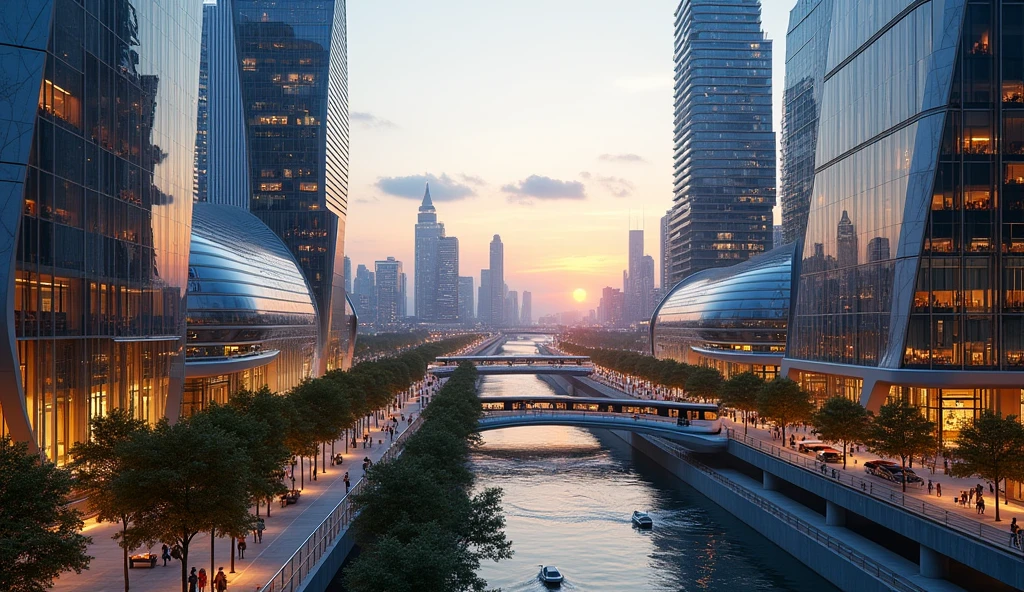 A beautiful and realistic modern cityscape at dusk, with sleek skyscrapers and high-tech architecture. The city is bathed in the soft glow of sunset, reflecting off the glass surfaces of the buildings. Streets are bustling with activity, featuring a mix of people, electric vehicles, and greenery integrated into the urban design. Pedestrian walkways are lined with trees and modern sculptures, while futuristic public transportation systems move smoothly through the scene. The skyline is dotted with unique and innovative building shapes, with a river running through the city, reflecting the lights from the surrounding buildings.