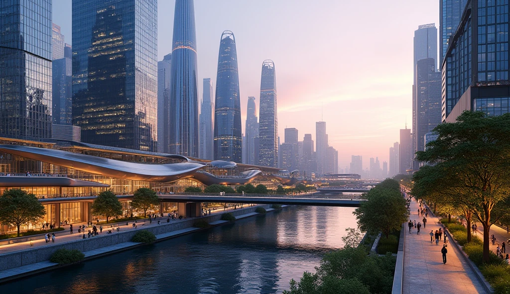 A beautiful and realistic modern cityscape at dusk, with sleek skyscrapers and high-tech architecture. The city is bathed in the soft glow of sunset, reflecting off the glass surfaces of the buildings. Streets are bustling with activity, featuring a mix of people, electric vehicles, and greenery integrated into the urban design. Pedestrian walkways are lined with trees and modern sculptures, while futuristic public transportation systems move smoothly through the scene. The skyline is dotted with unique and innovative building shapes, with a river running through the city, reflecting the lights from the surrounding buildings.