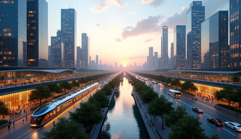 A beautiful and realistic modern cityscape at dusk, with sleek skyscrapers and high-tech architecture. The city is bathed in the soft glow of sunset, reflecting off the glass surfaces of the buildings. Streets are bustling with activity, featuring a mix of people, electric vehicles, and greenery integrated into the urban design. Pedestrian walkways are lined with trees and modern sculptures, while futuristic public transportation systems move smoothly through the scene. The skyline is dotted with unique and innovative building shapes, with a river running through the city, reflecting the lights from the surrounding buildings.
