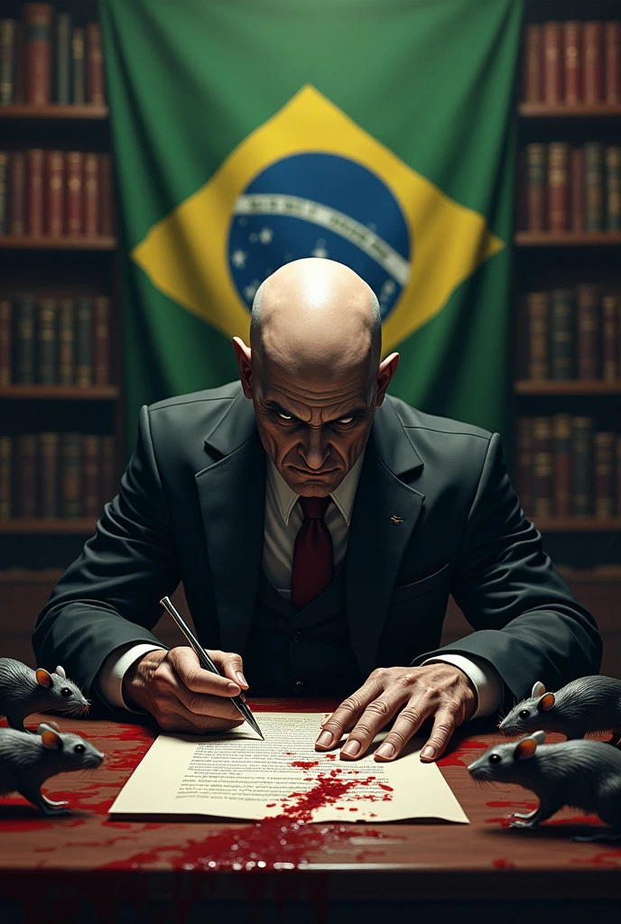 Create a very realistic and macabre scenario, where an authority is found in a judge's office , and this authority signs a bloodstained document on the table, rats run over the document , place a bookshelf with books behind the table with a Brazilian flag with the phrase "Lost Mané" in Portuguese written in blood, this authority is completely bald and has a gloomy expression