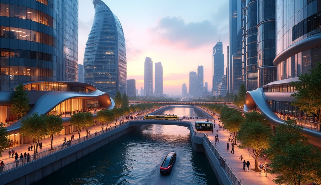 A beautiful and realistic modern cityscape at dusk, with sleek skyscrapers and high-tech architecture. The city is bathed in the soft glow of sunset, reflecting off the glass surfaces of the buildings. Streets are bustling with activity, featuring a mix of people, electric vehicles, and greenery integrated into the urban design. Pedestrian walkways are lined with trees and modern sculptures, while futuristic public transportation systems move smoothly through the scene. The skyline is dotted with unique and innovative building shapes, with a river running through the city, reflecting the lights from the surrounding buildings.