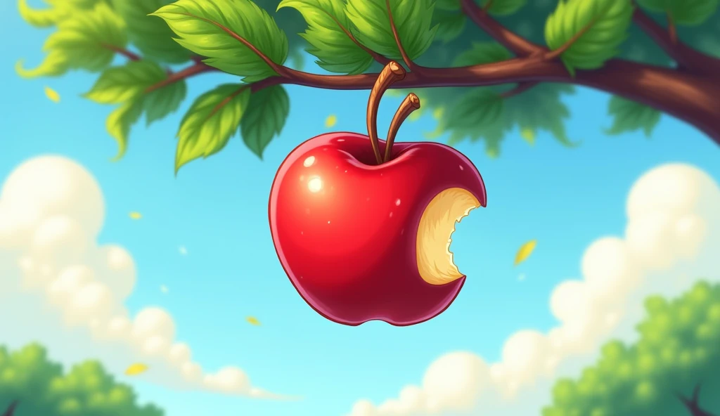 A is for Apple, so juicy and sweet:
"A shiny red cartoon apple hanging from a tree branch, glistening in the sunlight, with a cartoon ??? bite taken out to reveal its juicy interior, set against a blue sky."