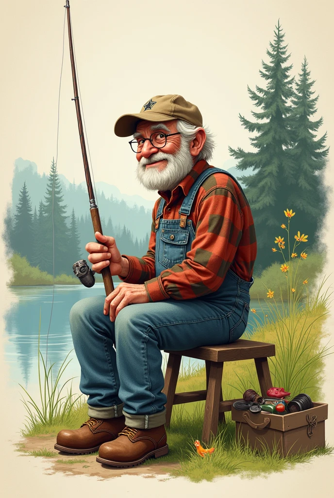 Drawing of a grandpa sitting on a stool holding a fishing rod