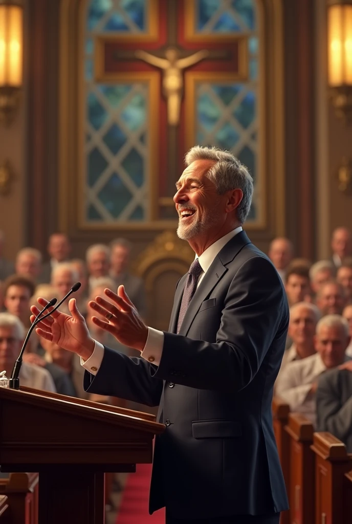 Smiling pastor man in suit preaching in a church
