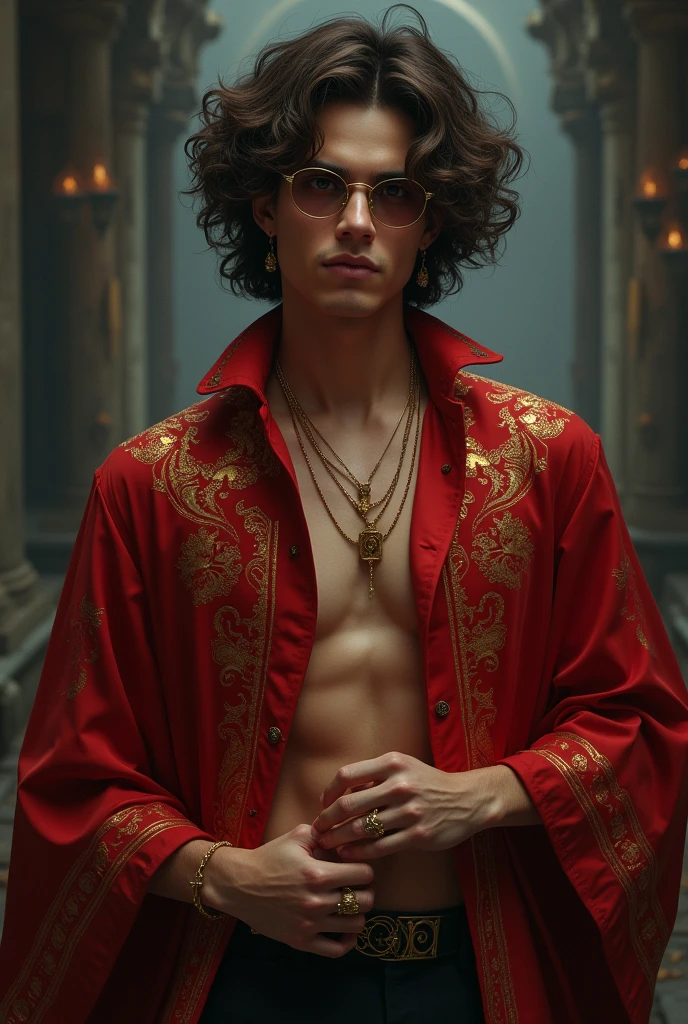 Dark brown long hair fluffy and curly, amber colored eyes, A tanned young man, Clean-shaven face, red blouse with wide sleeves and gold patterns, tight pants, стилистика dark fantasy. gold jewelry, rings, glasses with dark lenses.