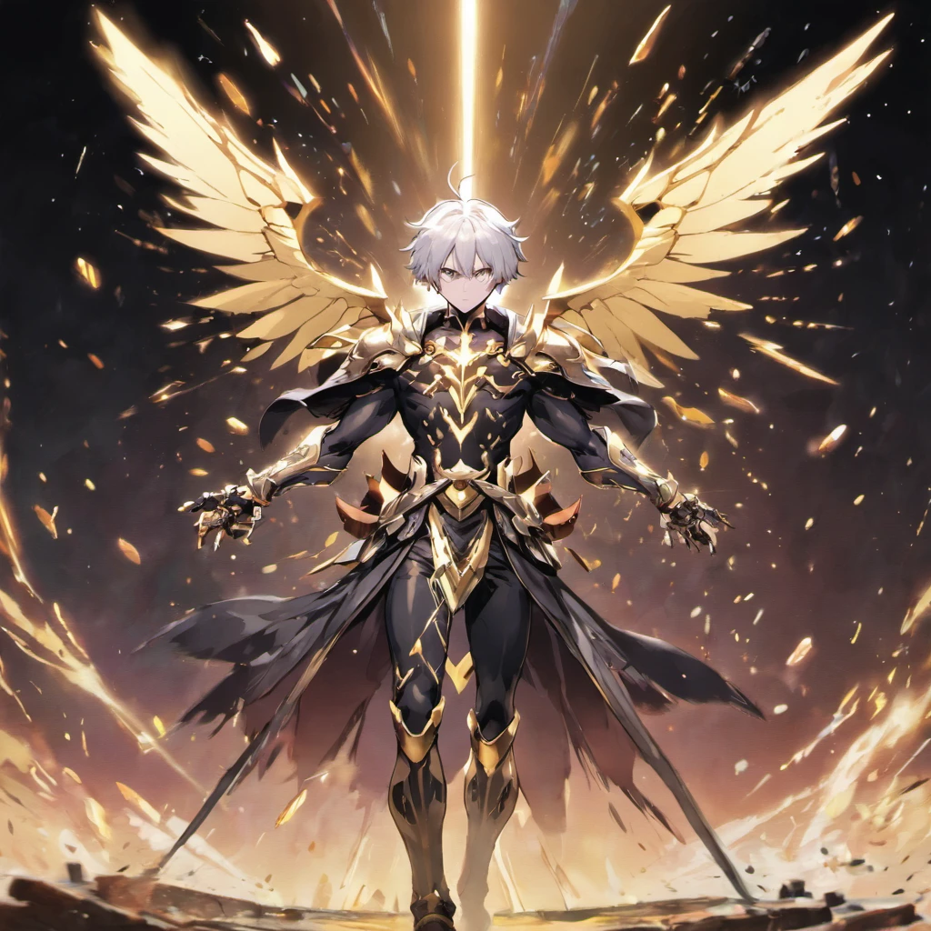 Anime character man with white hair and golden blade-shaped wings standing in front of an astral background ., character artwork, de Arknights, Best Anime 4K Konachan Wallpaper, ( ( character concept art ) ), official character art, anime character art, anime key art, detailed anime character art, high quality anime art style, best anime character design, waters of thancred in the style of wlop