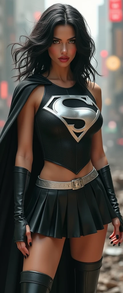 A BUSTY SEXY FEMALE WITH MEDIUM LONG MESSY BLACK HAIR, DREAMY GREEN EYES, WEARING A ONE PIECE BLACK SUPERGIRL TOP WITH A BIG SHINY SILVER "S" EMBLEM ON HER CHEST, A PLEATED SHORT BLACK SKIRT WITH A SILVER LEATHER BELT, LONG BLACK BOOTS WITH SILVER TRIM, AND A LONG BLACK CAPE. RED LIPSTICK, RED FINGERNAILS. INCREDIBLY DETAILED PALE WHITE SKIN, INCREDIBLEY DETAILED FACE, INCREDIDBLEY DETAILED CLOTHING, TEXTURED SKIN PORES, TEXTURED HAIR, 8K ABSURD RESOLUTION, MASTERPIECE. PHOTO REALSITIC, HYPER REALISTIC. CHAOTIC BACKGROUND. 16K RESOLUTION. PREFESSIONAL GRADE IMAGE.