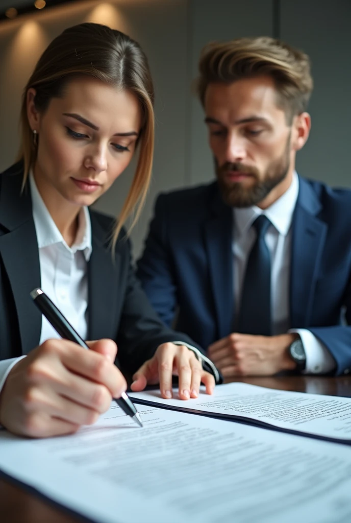 Closeup of woman signing documents in an office in front of a man