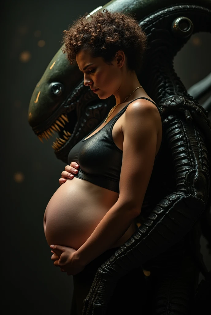 A stunning portrait of Ellen Ripley She is pregnant, holding her belly, the xenomorph is embracing her, location is dark interior of spaceship, young and beautiful, hyper realistic, real portrait, backlit, exquisite features, cleavage, sexy, seductive, natural light, soft light, nine months pregnant, large belly, embodiment of love, bare belly, she has very short curly hair
