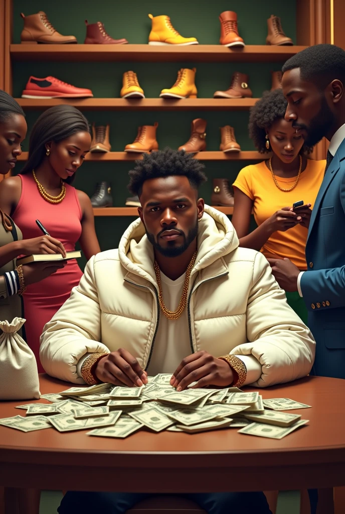 A fair-skin rich male afro beat artist, dressed in complete street hoodie and a big white jacket, sitting at a table full of money in a classic leather shoe shop, with four beautiful african girls behind him, each girl is doing a different task; one girl is on phone, another girl is presenting shoes to a male client, another girl is writing in a book, another girl is putting shoes on the shelf and a dark skinned male in suit is counting money from the same table and putting in a bag