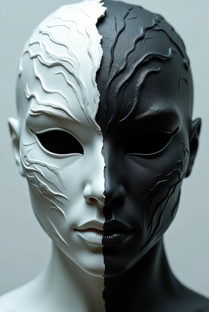 Create me a storm mask that is black on the right side and white on the left ONLY THE STORM MASK NO PERSON NO SWEATER NO NO GLASSES.