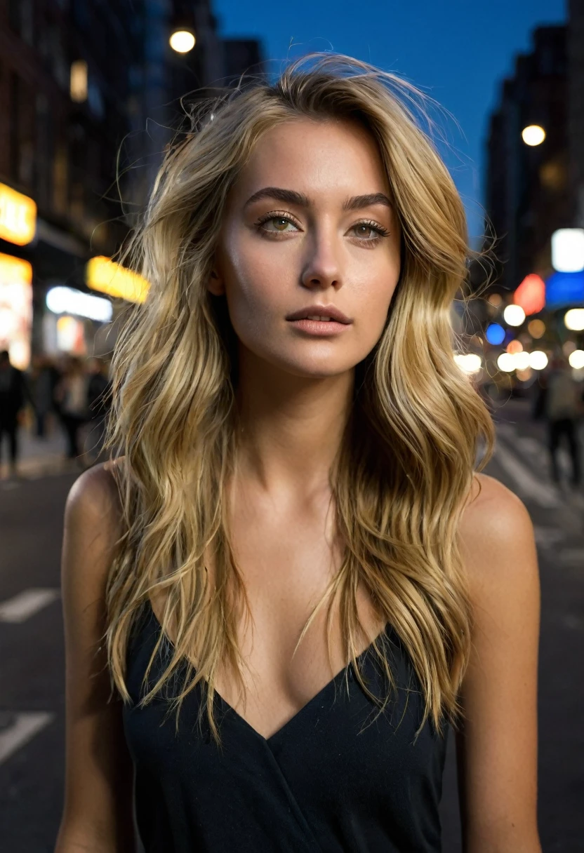 "Créez une image réaliste d'une jeune femme de 21ans d'environ 1m60 avec de longs cheveux brun-blond. Elle se tient au loin dans une rue bordée de bâtiments de style new-yorkais, sous le ciel nocturne. Elle est face à nous, mais regarde le sol, avec une posture élégante qui met en valeur sa silhouette fine et ses formes généreuses. Elle est habillée de manière classe, dans une tenue chic et moderne. L'éclairage de la rue et des bâtiments autour crée une ambiance urbaine sophistiquée."