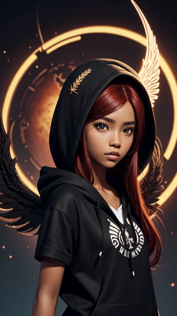 There is a woman with wings, red hair color, black skin , girl from the country bolivia bolivian features and a planet in the background, 3D rendering of a cute anime girl, de Trevor Brown, unknown zodiac sign, inspired by Illarion Pryanishnikov, black hair girl wearing hoodie, Dark skin, normal looking lips, not so long hair, trend in artstaion, qifenglin, poster, technological clothing, low angel