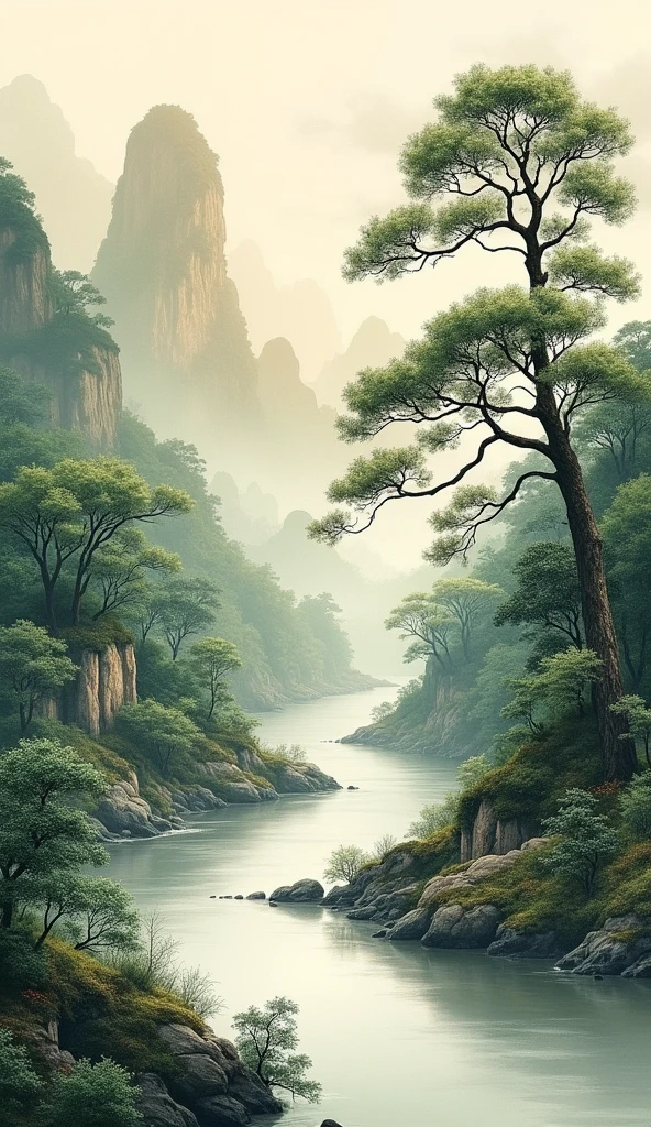 ink wash painting,detailed ink strokes,natural landscape,peaceful atmosphere,beautiful river,lush foliage,muted colors,masterful brushwork,elegant simplicity,traditional chinese art,best quality,masterpiece:1.2,ultra-detailed,