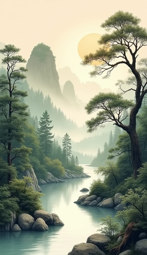 ink wash painting,detailed ink strokes,natural landscape,peaceful atmosphere,beautiful river,lush foliage,muted colors,masterful brushwork,elegant simplicity,traditional chinese art,best quality,masterpiece:1.2,ultra-detailed,