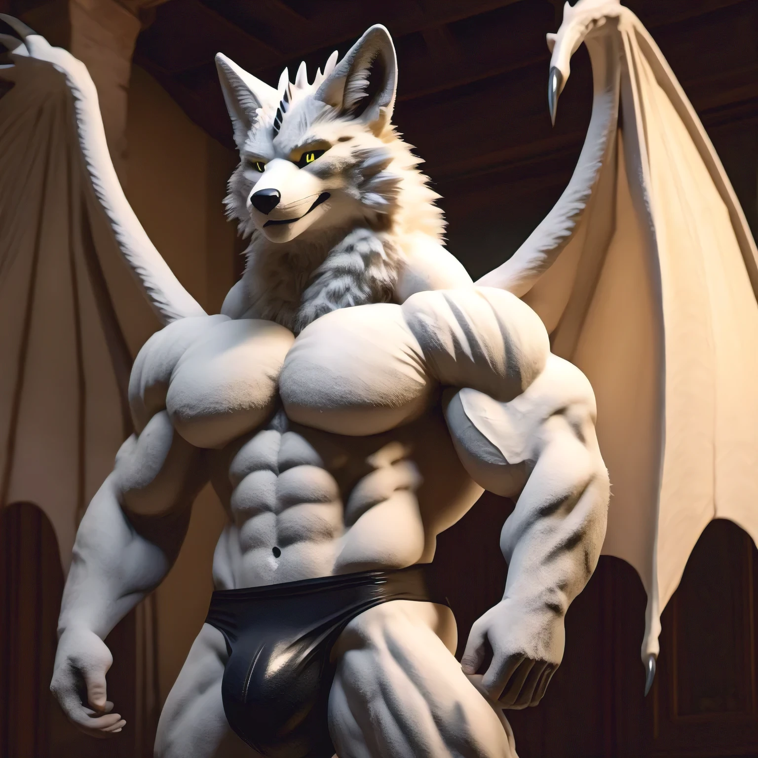 Realistic ripped muscular white furry fox-dragon, male, yellow eyes, cute face, full naked, round chest, big breast, huge white wings, white fur, very tight torn black thong, bulge in crotch
