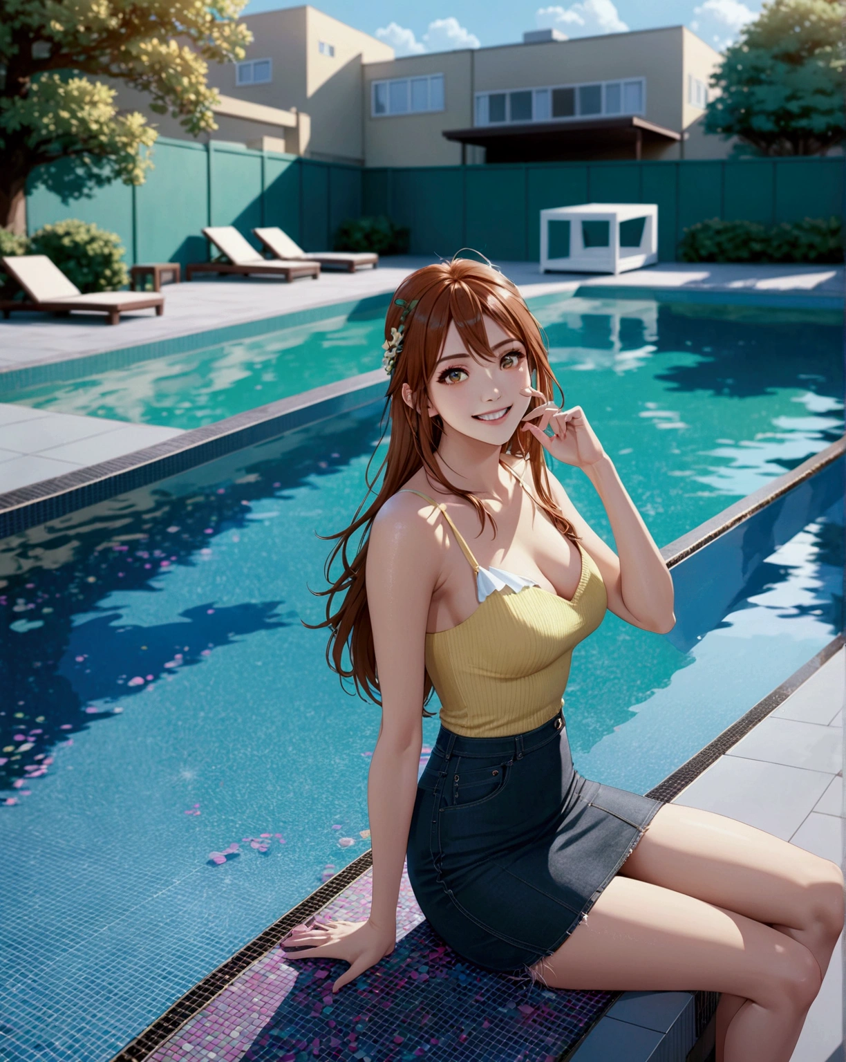 realistic anime illustration of beautiful woman is sitting on the edge of swimming pool, she is smiling with teeth and raise her hand, she is brown long hair), wearing yellow camisole, black denim pencil mini skirt, (1girl, solo, full body), (masterpiece, best quality, japanese anime style), (expressive eyes, perfect face, perfect anatomy)