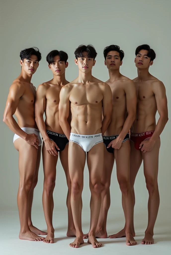 please describe all member of boyband exo only wearing calvin klein briefs With six pack abs and v shape.