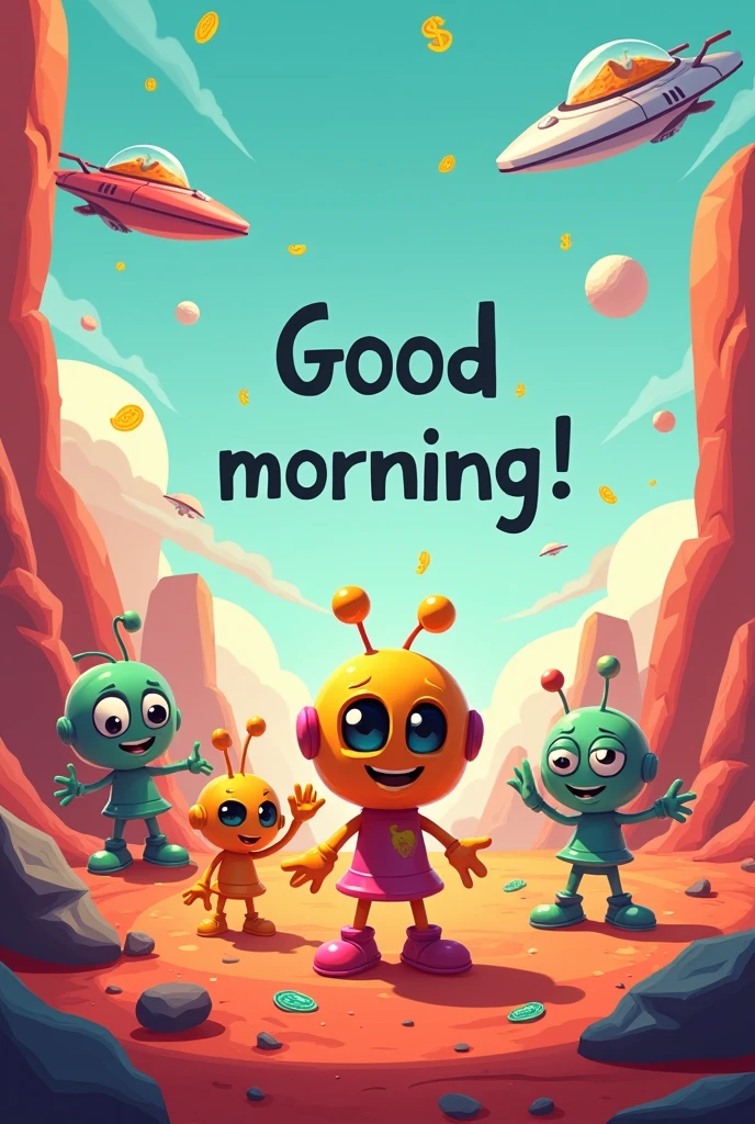 Image that says: good morning! With Martians, flying ships and money 