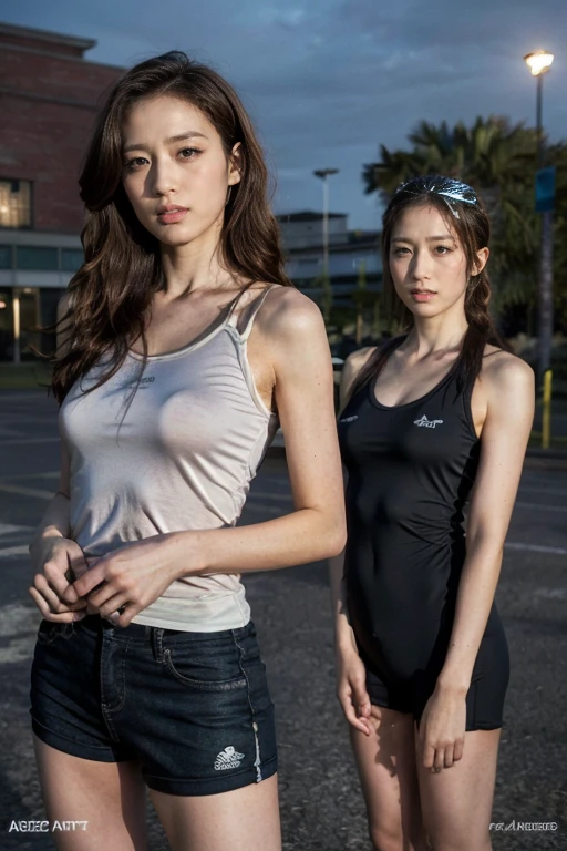 highest quality,ridiculous,Dramatic,2 Araf ladies in realistic style sportswear,2 female students,Very detailed details of the face,Real skin texture,HD Skin,Night view,Standing in the school square, Still image of 007, Pageant rendering, model, Luxury, Shoulders visible, Network mode, Still frame from movie - ar 16:9